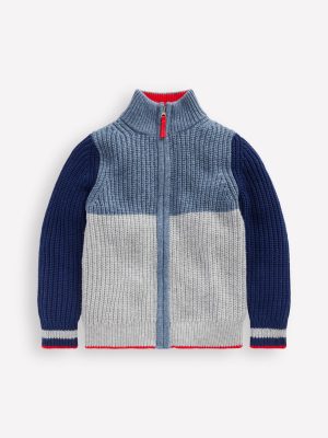 Chunky Zip-Through Jumper-Grey Marl Colour Block