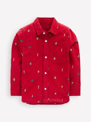 Embroidered Corduroy Shirt-Red Christmas Embroidery