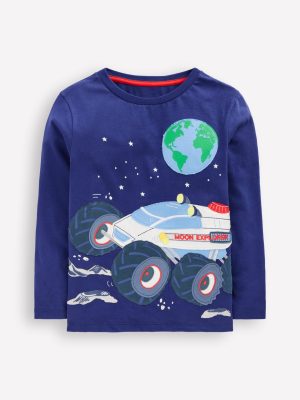 Long Sleeve Appliqu?? T-shirt-Twilight Blue Moon Explorer