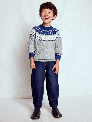 Cable Fair Isle Sweater-Grey Marl