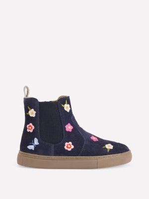 Embroidered Ankle Boots-Navy Floral Embroidery
