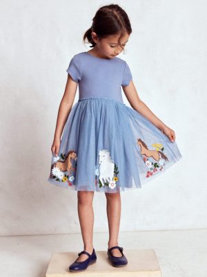 Ami Applique Tulle Dress-Pale Blue Horses