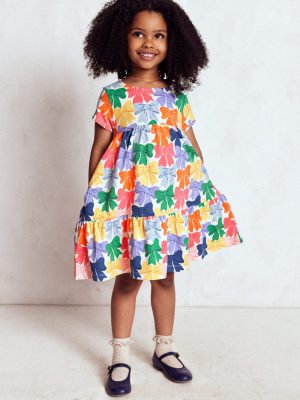 Ariel Twirly Jersey Dress-Multi Rainbow Bows