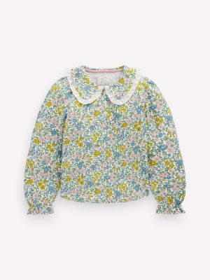 Collared Slub Top-Pear Green Flowerbed