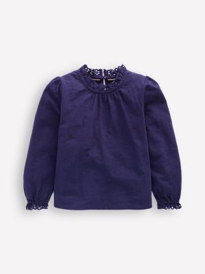 Broderie Trim Jersey Top-Starboard Blue