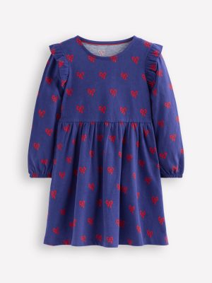 Posie Long Sleeve Jersey Dress-Starboard Blue Tiny Bows