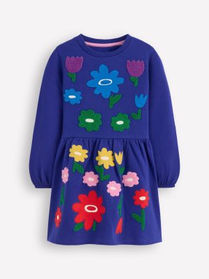 Applique Sweatshirt Dress-Sapphire Blue Flowers