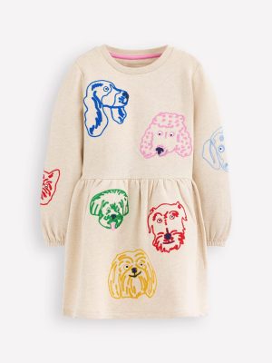 Applique Sweatshirt Dress-Oatmeal Dog faces
