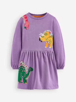 Applique Sweatshirt Dress-Aster Purple Dinosaurs