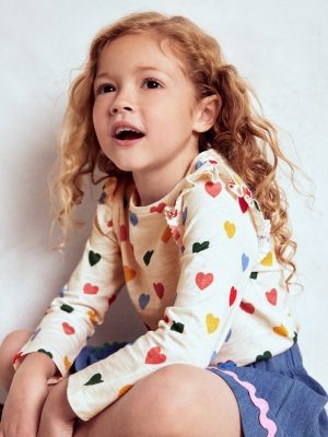 Frill Sleeve Slub Top-Rainbow Hearts