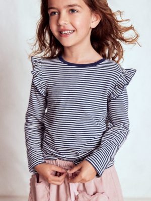 Frill Sleeve Slub Top-Soft Ivory/College Navy