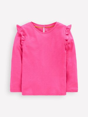 Frill Sleeve Slub Top-Sorbet Pink