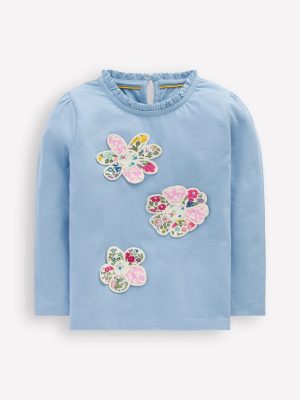 Frill Neck Appliqu?? T-shirt-Glacier Blue Flowers