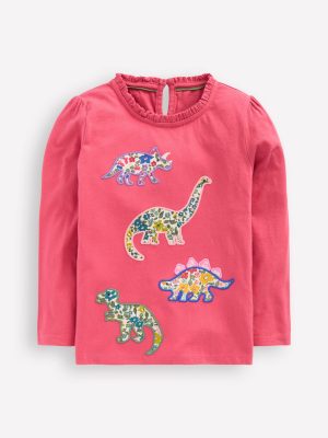 Frill Neck Appliqu?? T-shirt-Rose Pink Dinosaurs