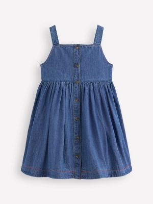 Button-through Pinafore Dress-Mid Vintage Denim