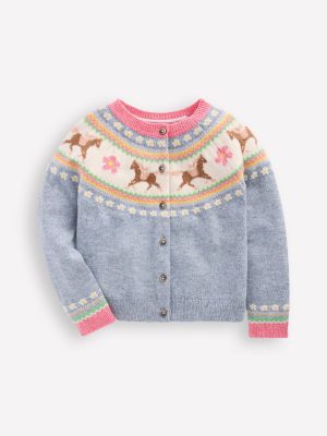 Edie Fair Isle Cardigan-Glacier Blue Marl Horses