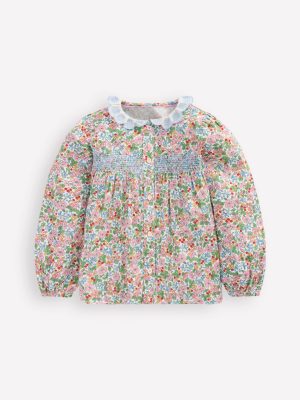Scalloped Collar Smocked Shirt-Soft Ivory Berry Floral