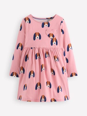 Heart Pocket Fun Jersey Dress-Vintage Pink Spaced Pups
