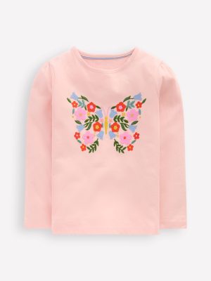 Puff Sleeve Appliqu??  T-shirt-Chalk Pink Butterfly