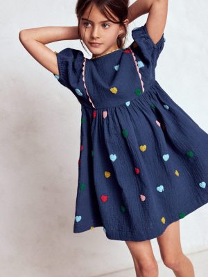 Puff Sleeve Double Cloth Dress-Starboard Blue Hearts