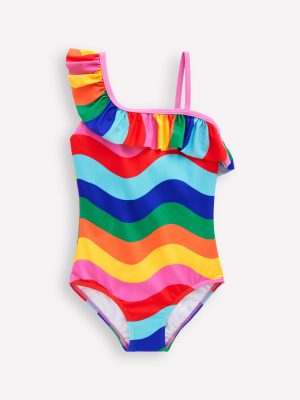 Lila One Shoulder Swimsuit-Multi Rainbow Wave