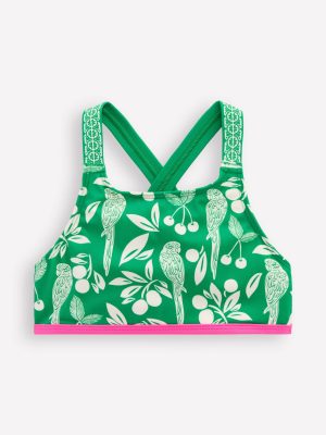 Cross-back Bikini Top-Rich Emerald Parrot Palm