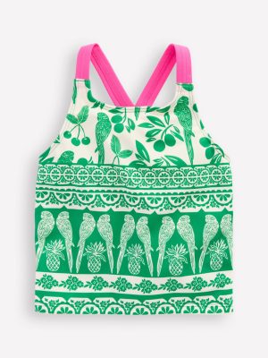 Cross-back Tankini Top-Rich Emerald Parrot Palm