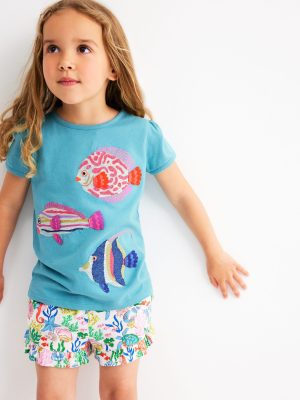 Puff Sleeve Superstitch Top-Aqua Sea Blue Fish