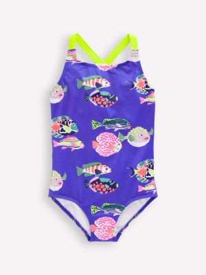 Cross-back Printed Swimsuit-Blue Heron Fish