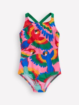 Cross-back Printed Swimsuit-Multi Rainbow Parrot