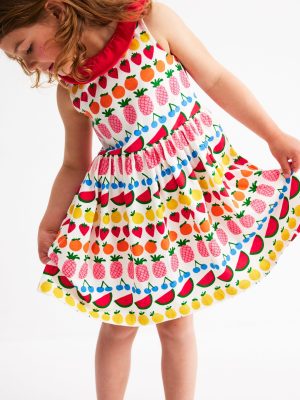 Ruffle Neck Jersey Dress-Ivory Fruit Stripe