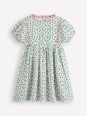 Puff Sleeve Double Cloth Dress-Soft Ivory Ditsy Floral