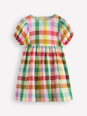 Puff Sleeve Double Cloth Dress-Multi Check