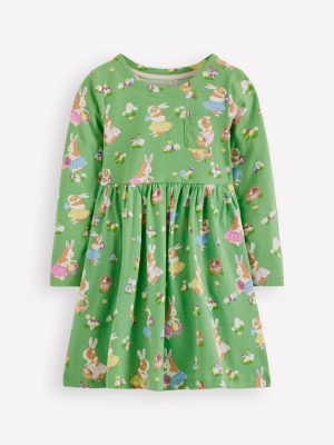 Long-Sleeved Fun Jersey Dress-Aloe Green Easter Guinea Pigs