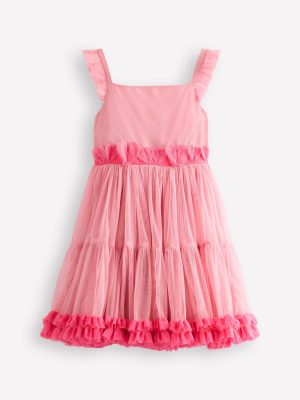 Ruffle Hem Tulle Dress-Vintage Pink