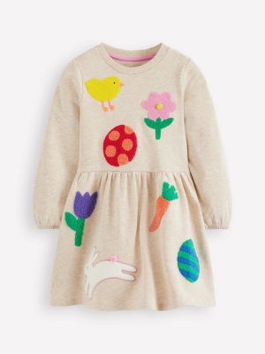 Boucle Appliqu?? Sweat Dress-Oatmeal Marl Easter Patches
