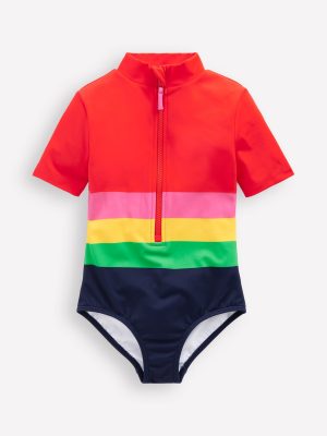 Short-sleeved Swimsuit-Red Multi Stripe