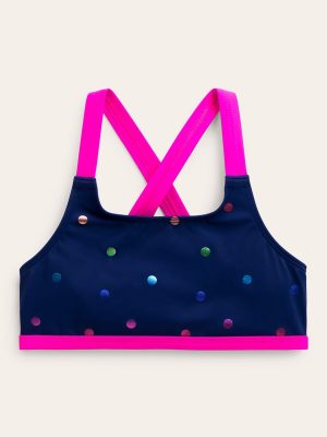 Cross-back Bikini Top-Navy Rainbow Confetti Spot