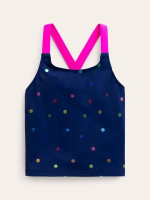 Cross-back Tankini Top-Navy Rainbow Confetti Spot