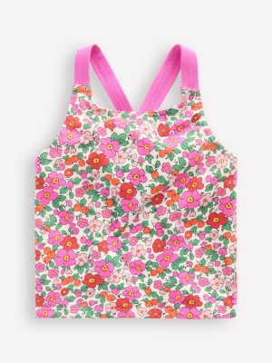Cross-back Tankini Top-Pink Apple Blossom Floral