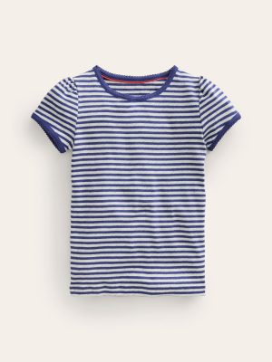Short Sleeve Pointelle Top-Soft Ivory/Starboard Blue