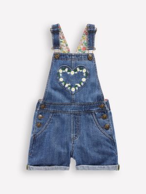 Heart Pocket Short Dungarees-Vintage Embroidered Daisy