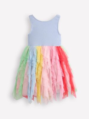 Jersey Tulle Mix Dress-Misty Blue Rainbow