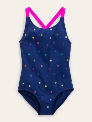 Cross-back Printed Swimsuit-Navy. Rainbow Foil Confetti