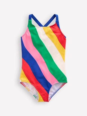 Cross-back Printed Swimsuit-Multi Rainbow Swirl
