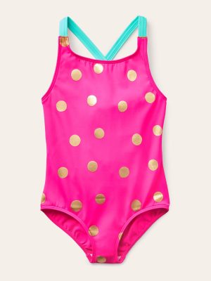 Cross-back Printed Swimsuit-Fuchsia Pink. Gold Foil Spot