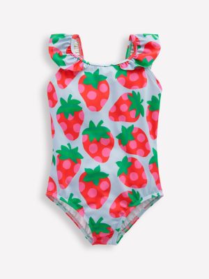 Hallie Frill Strap Swimsuit-Misty Blue Strawberry