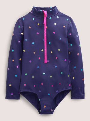 Long-Sleeved Swimsuit-Navy Rainbow Confetti Spot