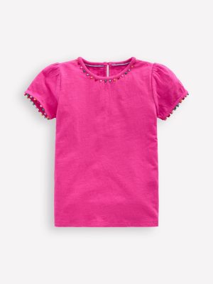 Ali Puff Sleeve Pom T-Shirt-Flamingo Pink