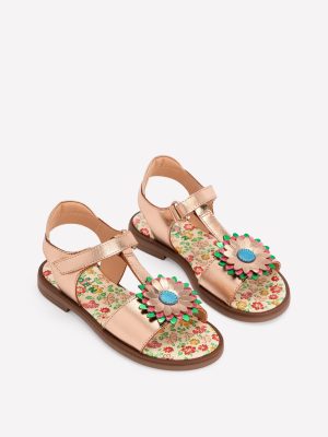 Fun Leather Sandals-Gold Metallic Flower